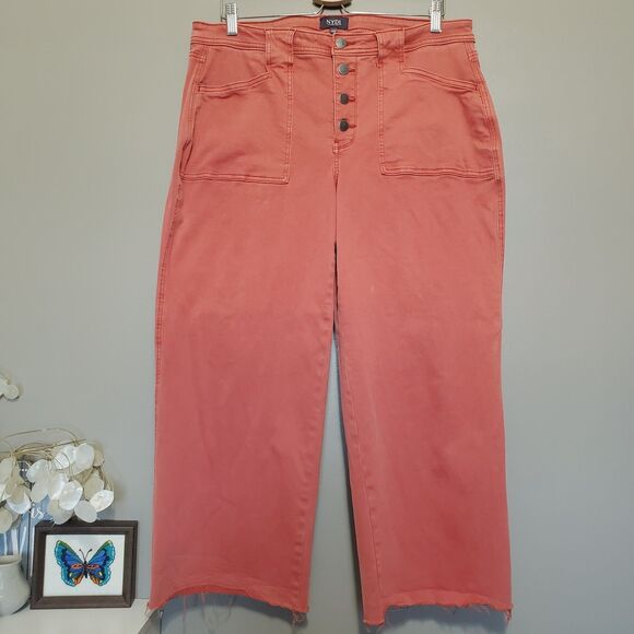 NYDJ Teresa Auburn Pants Size 14W Wide Leg Ankle Cut Raw Hem Button Fly Stretch - Picture 1 of 13